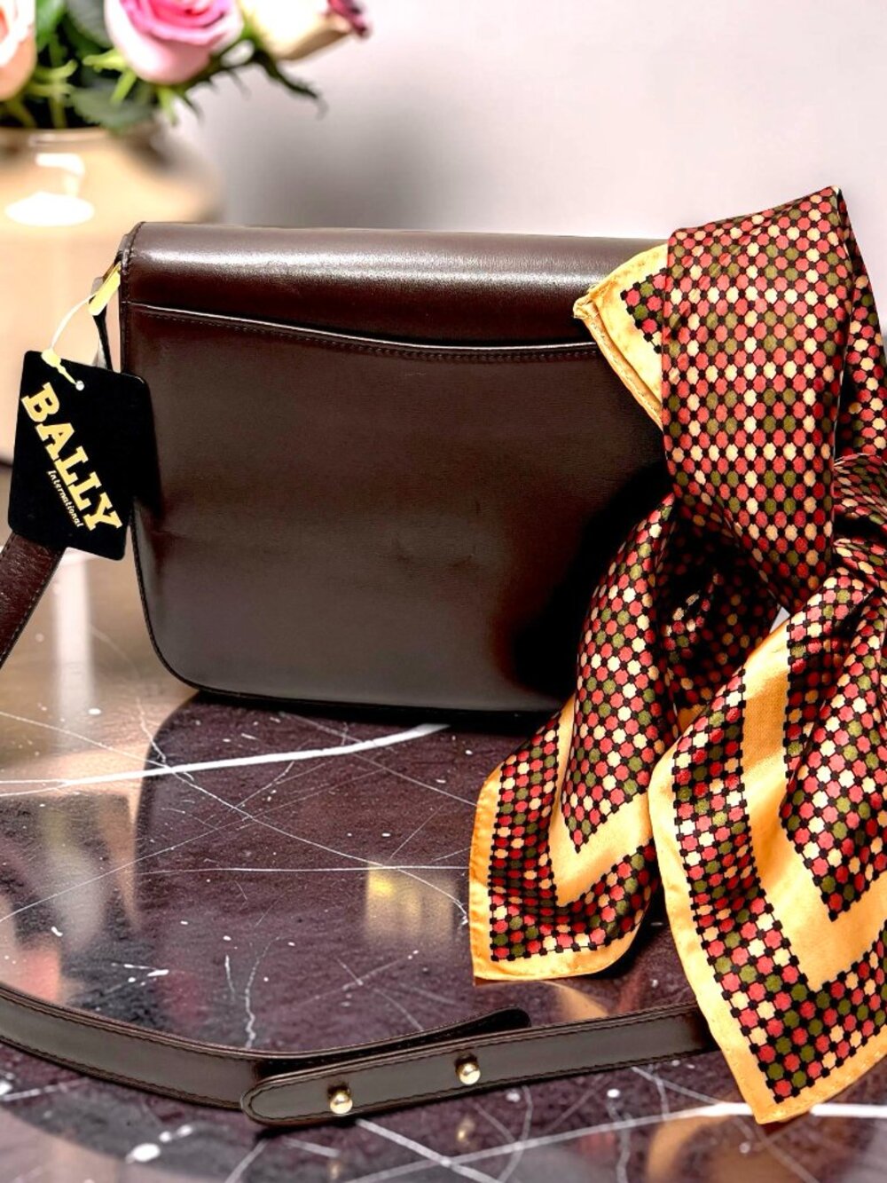 NEW Classic Evening Bally Shoulder Bag Brown Leather +100% Silk Scarf(9 - Picture 6 of 16